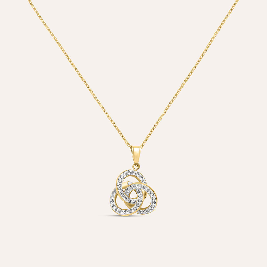 Collana Stroili Christelle Oro Giallo 9 Kt Maglia Forzatina Pendente Nodo Cristalli Bianchi