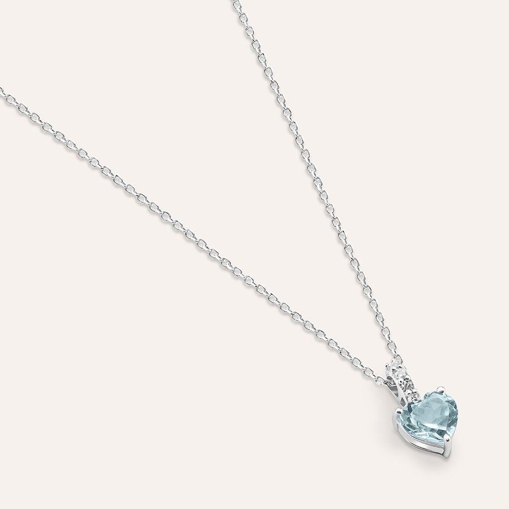 Collana Stroili Amelie Oro Bianco 9 Kt Pendente Topazio Azzurro Cuore Cubic Zirconia