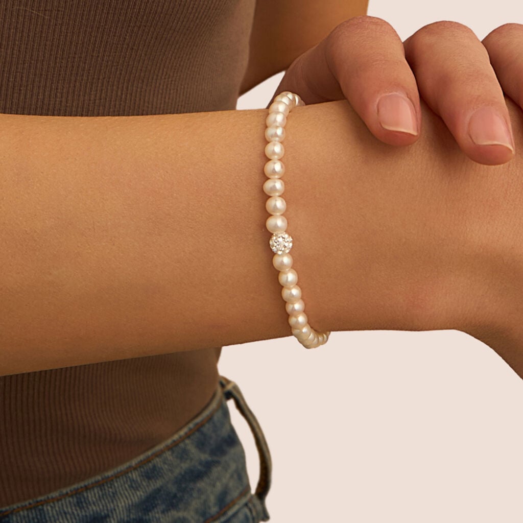 Bracciale Stroili Gabrielle Filo Di Perle Centrale Sferetta Cristalli Chiusura Oro Bianco 9 Kt