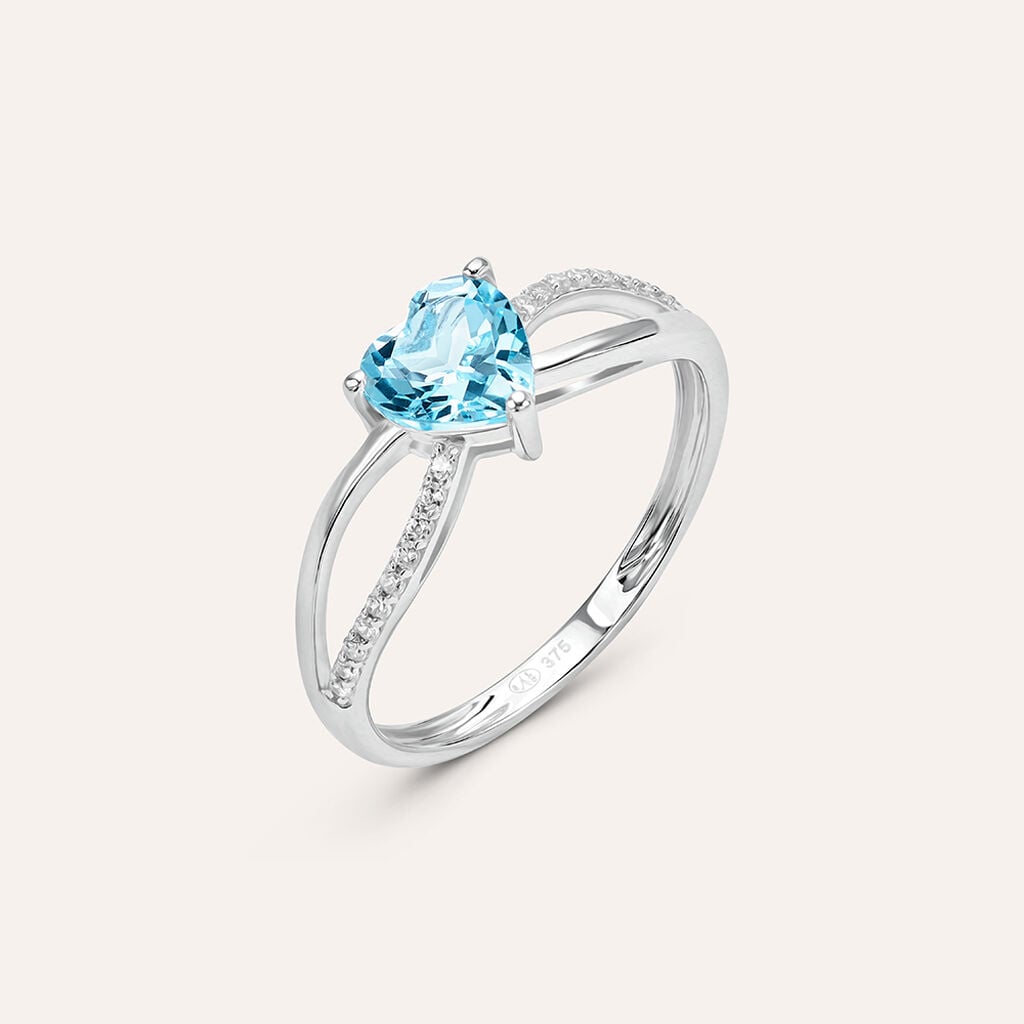 Anello Stroili Amelie Solitario Oro Bianco 9 Kt Topazio Taglio Cuore Azzurro e Zirconi Bianchi