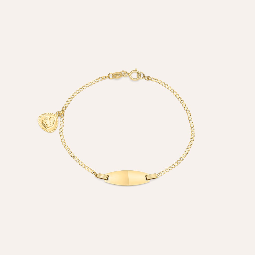 Bracciale Stroili Holy In Oro 9 Kt Targhetta Ovale Liscia Maglia Grumetta + Charm Medaglietta Con Angelo