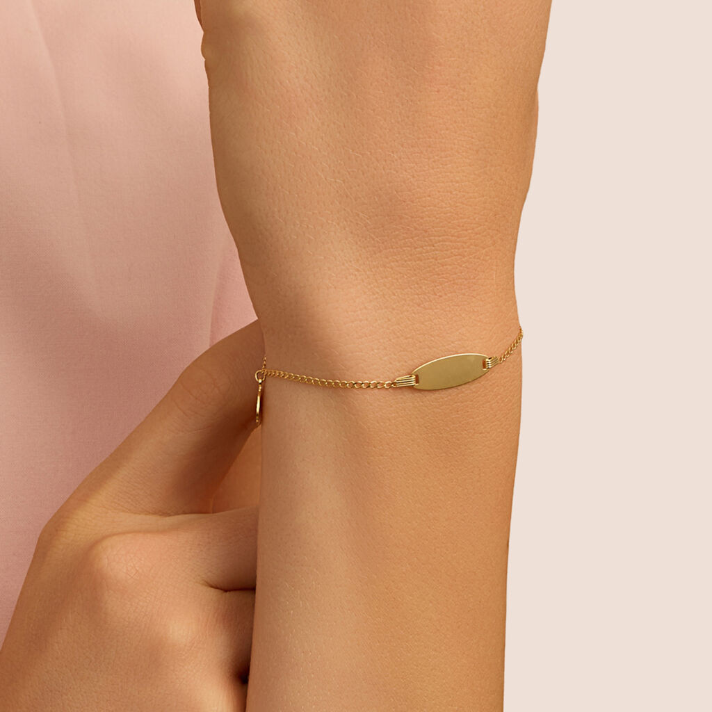Bracciale Stroili Holy In Oro 9 Kt Targhetta Ovale Liscia Maglia Grumetta + Charm Medaglietta Con Angelo