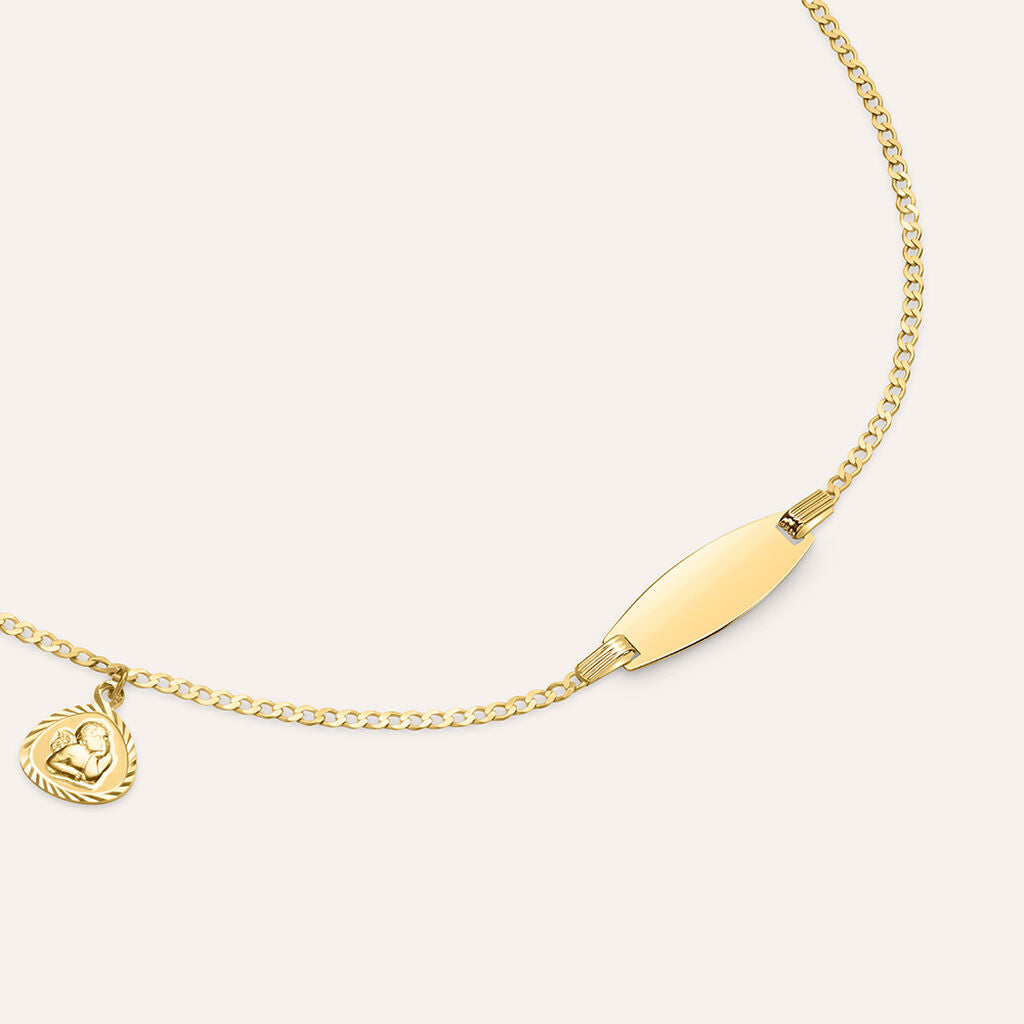 Bracciale Stroili Holy In Oro 9 Kt Targhetta Ovale Liscia Maglia Grumetta + Charm Medaglietta Con Angelo