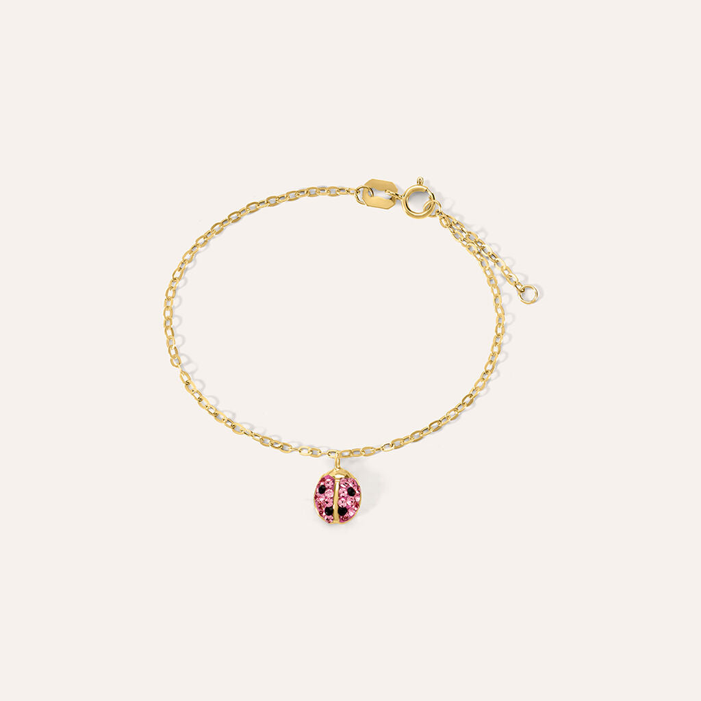 Bracciale Stroili Mon Petit Bimba Oro Giallo 9 Kt Pendente Centrale Coccinella Con Cristalli Rosa/Neri