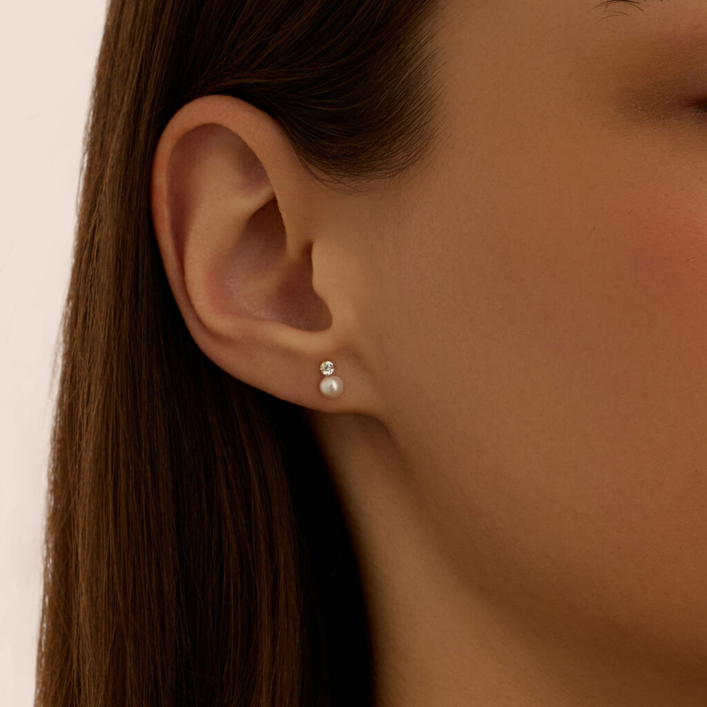 Orecchini Lobo Stroili Bon Ton Oro Bianco 9 Kt con Zircone E Perla