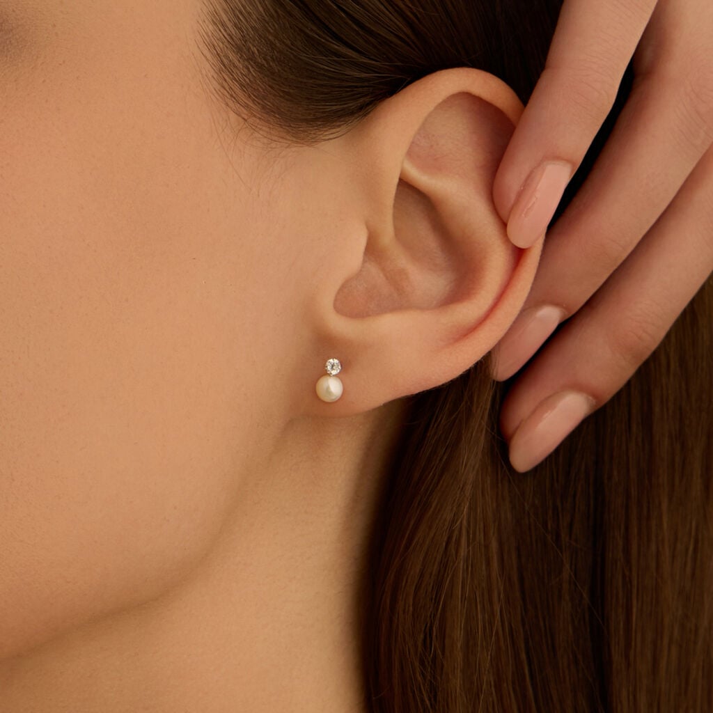 Orecchini a Lobo Stroili Bon Ton Oro Bianco 9 Kt Cubic Zirconia e Perla
