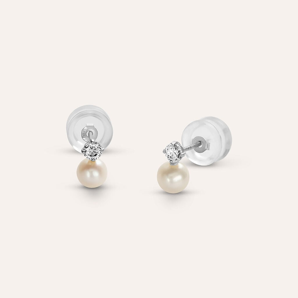 Orecchini a Lobo Stroili Bon Ton Oro Bianco 9 Kt Cubic Zirconia e Perla