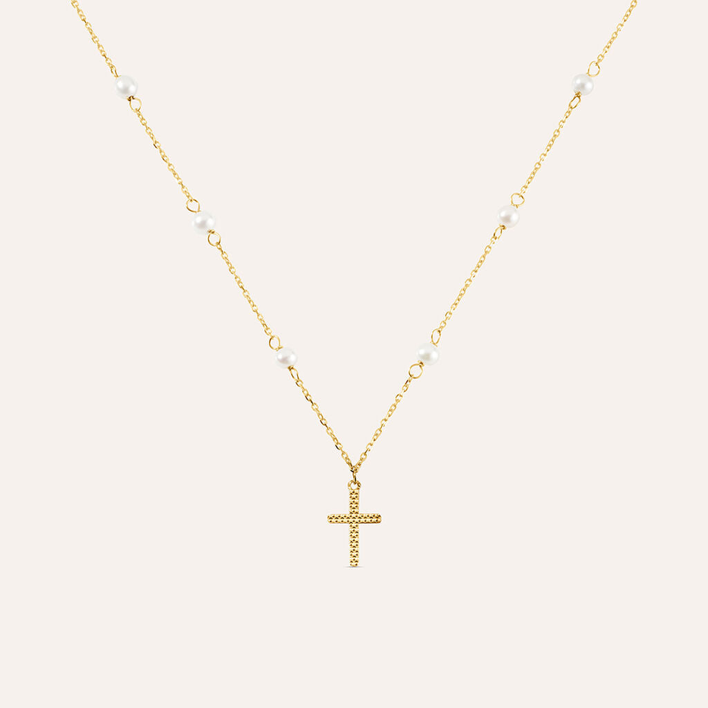 Collana Stroili Holy Oro Giallo 9 Kt Catena Maglia Forzatina Croce Centrale E Perle