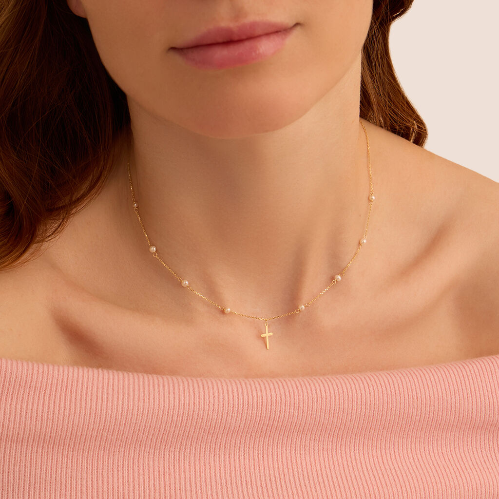 Collana Stroili Holy Oro Giallo 9 Kt Catena Maglia Forzatina Croce Centrale E Perle