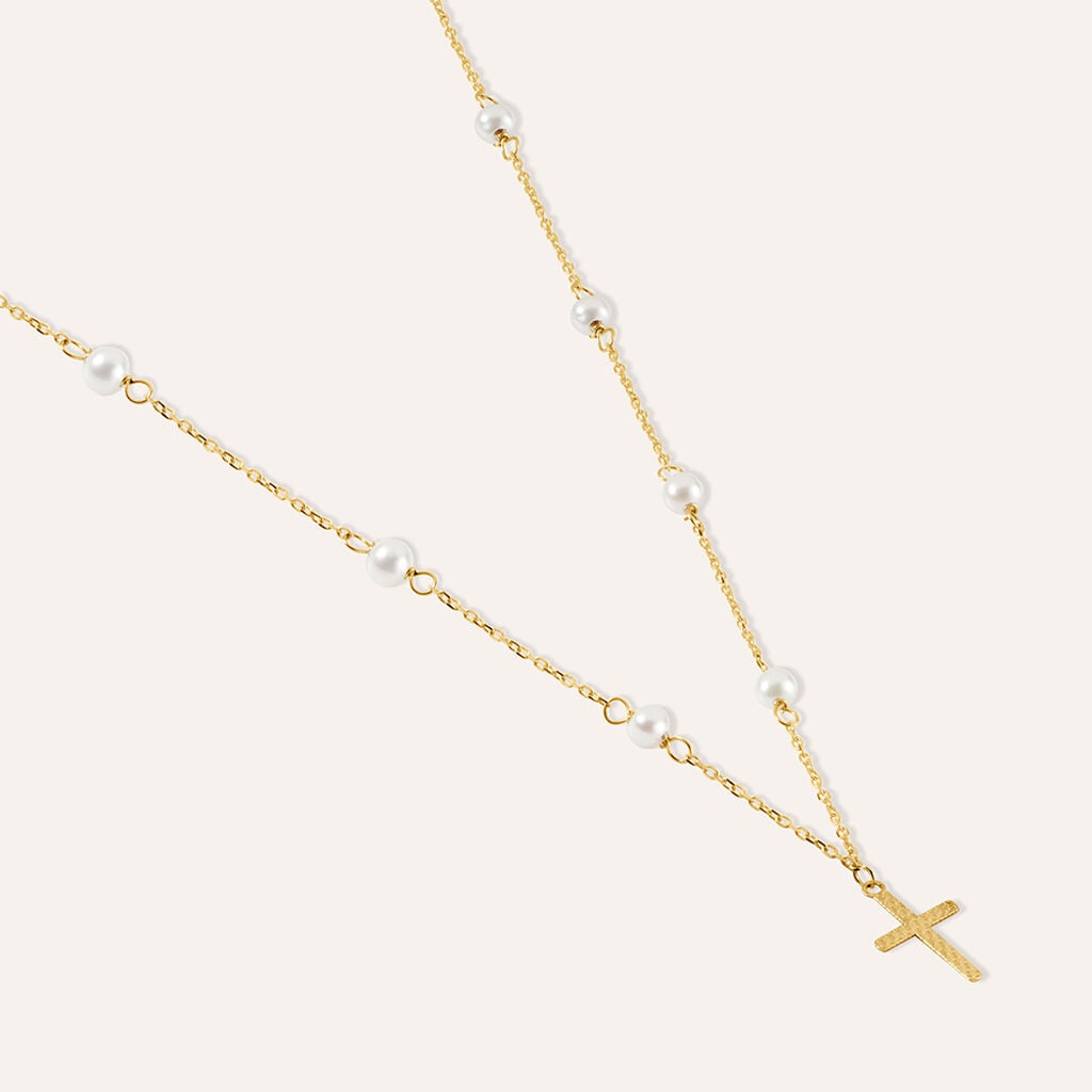 Collana Stroili Holy Oro Giallo 9 Kt Catena Maglia Forzatina Croce Centrale E Perle
