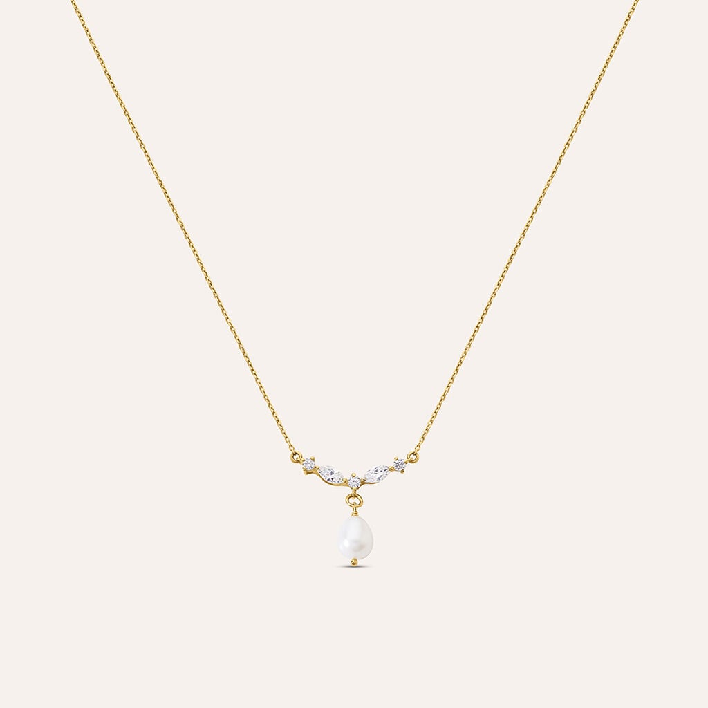 Collana Stroili Gabrielle Oro Giallo 9 Kt Maglia Forzatina Barretta Centrale con Perle e Zirconi Bianchi