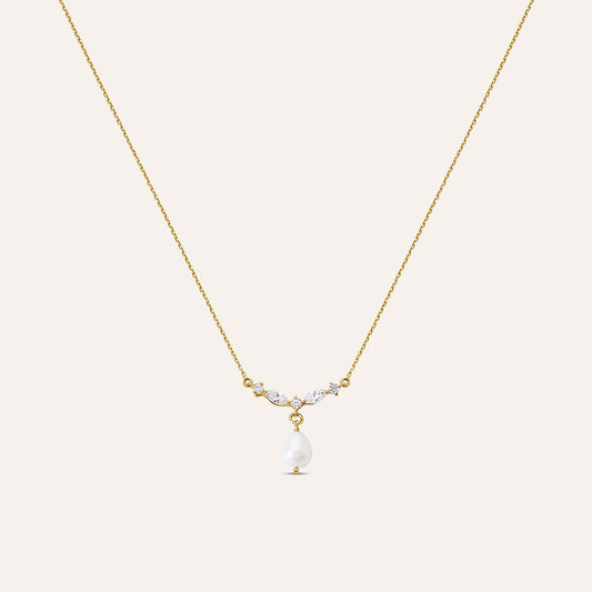Collana Stroili Gabrielle Oro Giallo 9 Kt Maglia Forzatina Barretta Centrale con Perle e Zirconi Bianchi