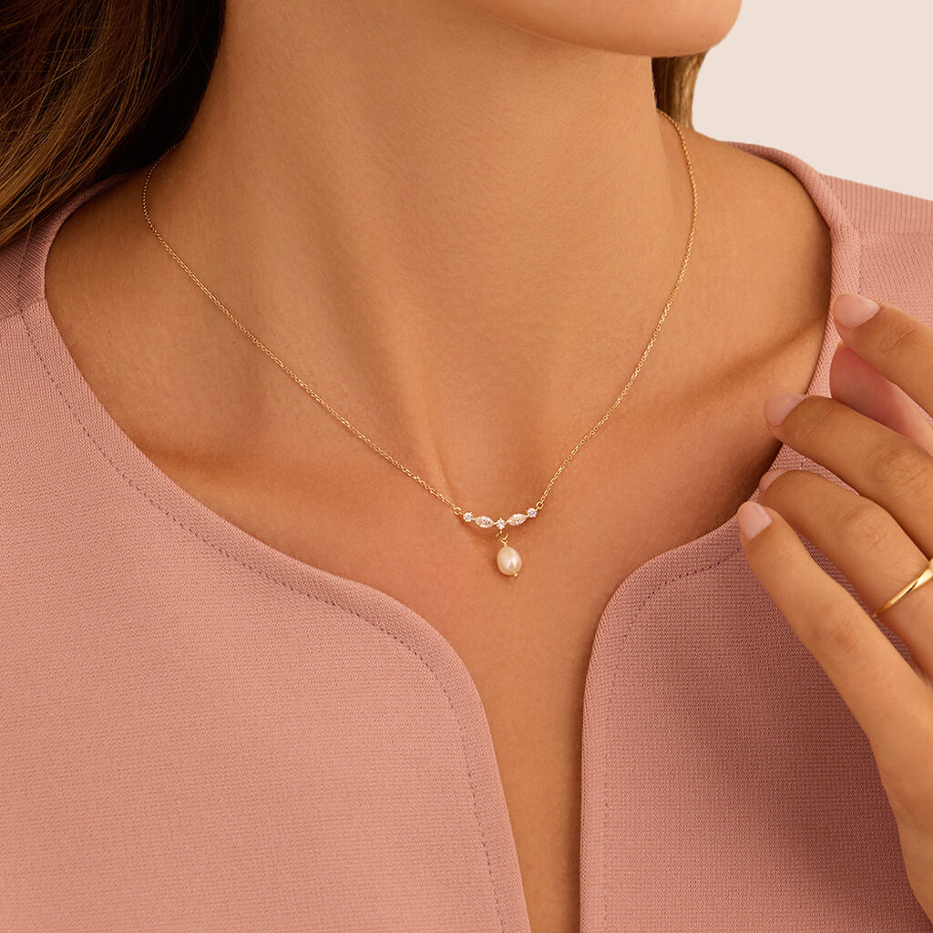 Collana Stroili Gabrielle Oro Giallo 9 Kt Maglia Forzatina Barretta Centrale con Perle e Zirconi Bianchi