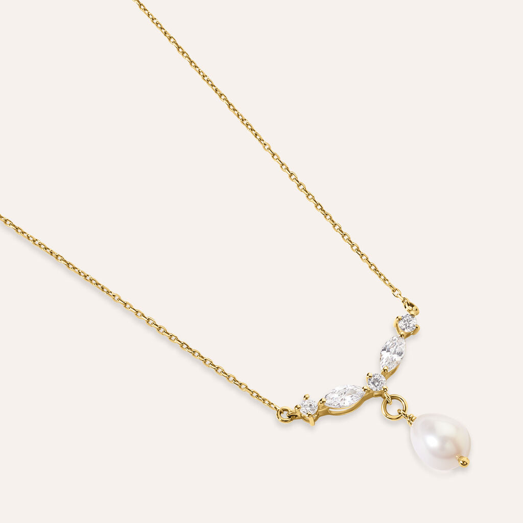 Collana Stroili Gabrielle Oro Giallo 9 Kt Maglia Forzatina Barretta Centrale con Perle e Zirconi Bianchi