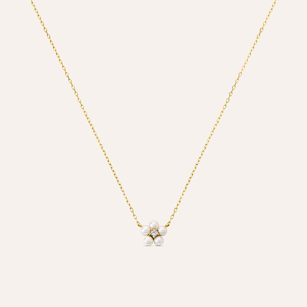 Collana Stroili Gabrielle Oro Giallo 9 Kt Maglia Forzatina Centrale Fiore Perle D'acqua Dolce + Zircone Bianco