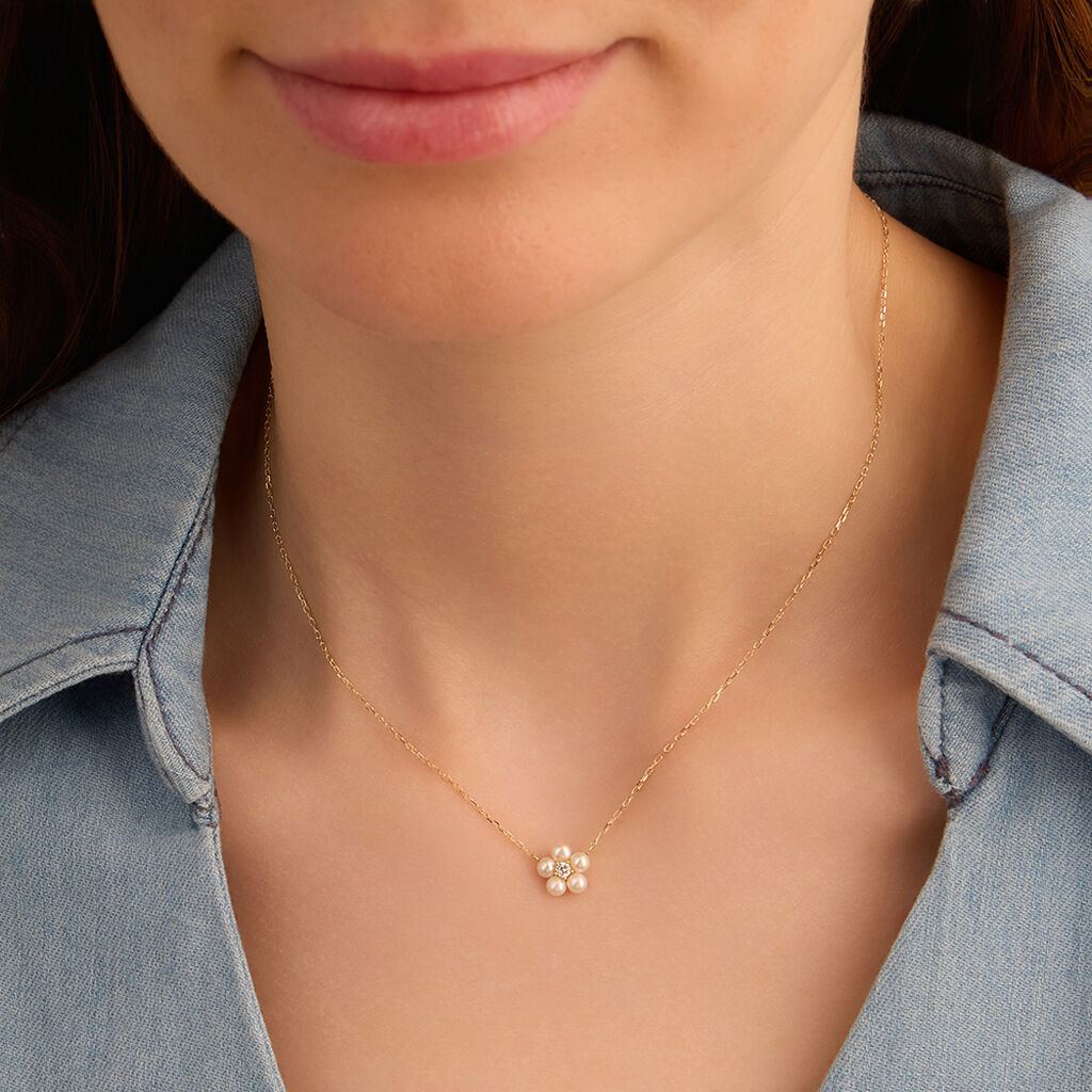 Collana Stroili Gabrielle Oro Giallo 9 Kt Maglia Forzatina Centrale Fiore Perle D'acqua Dolce + Zircone Bianco