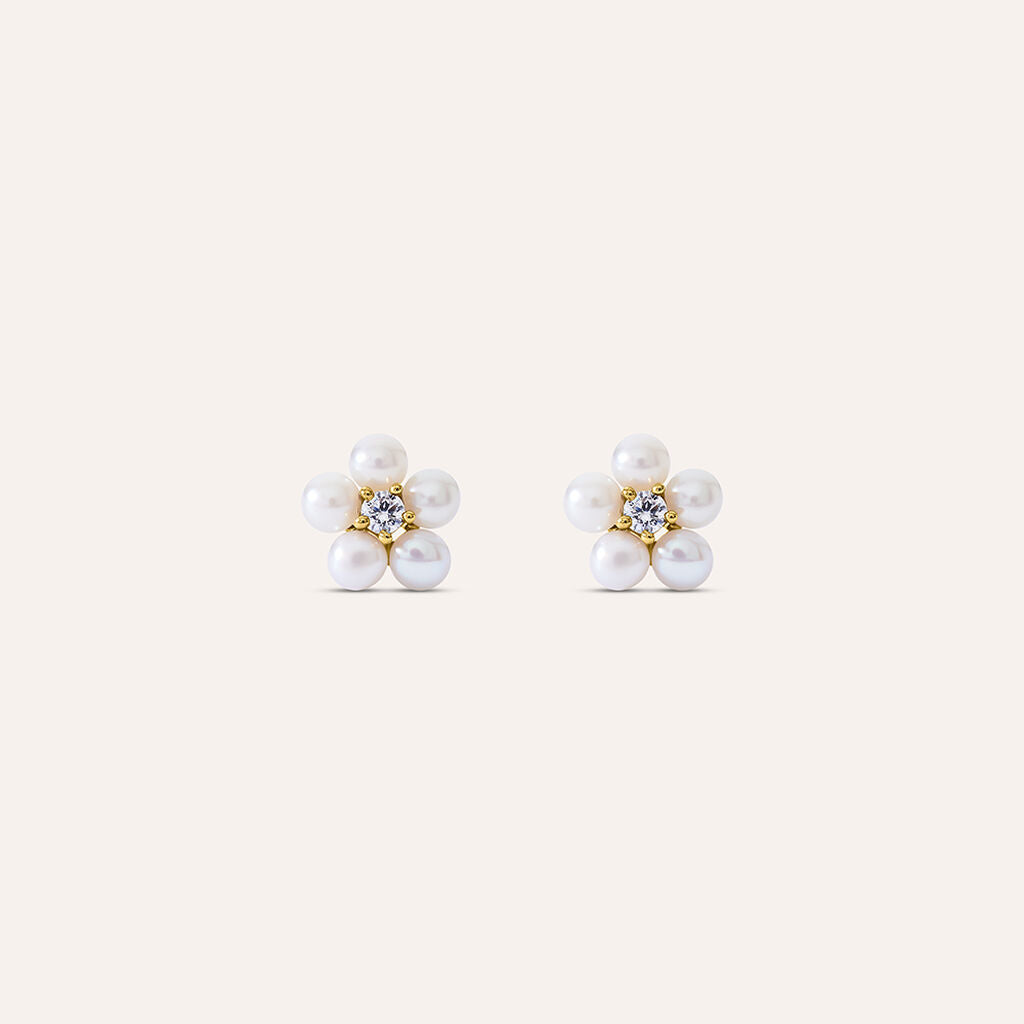 Orecchini Stroili Gabrielle Lobo In Oro Giallo 9 Kt.fiori Con Perle D'acqua Dolce E Zirconi Bianchi