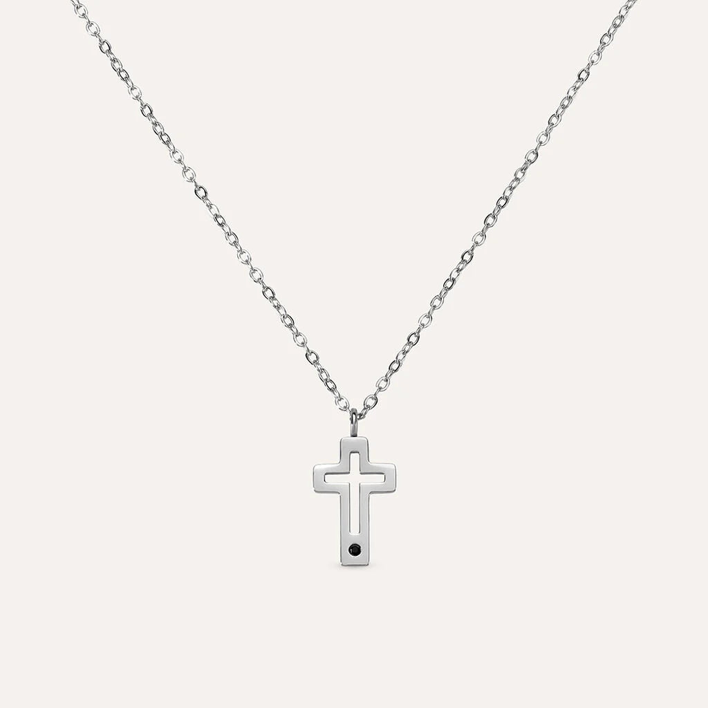 Collana Uomo Stroili Code Acciaio Con Pendente Croce Traforata Cristallo Nero