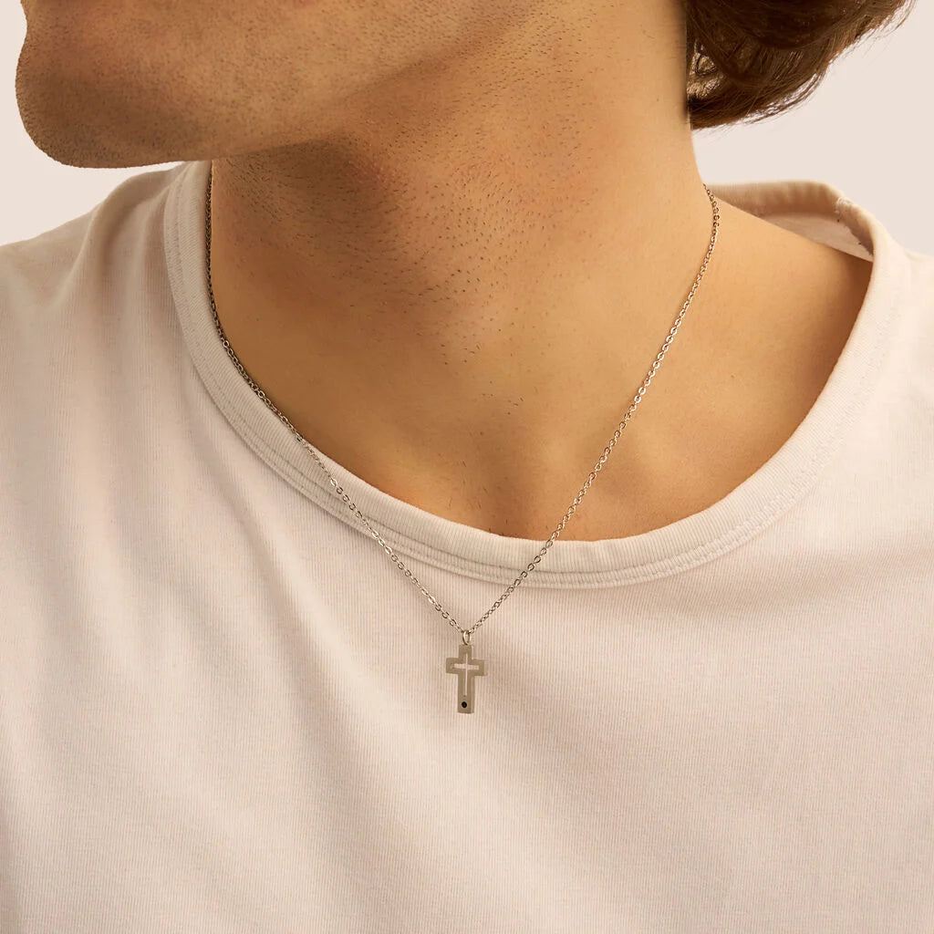 Collana Uomo Stroili Code Acciaio Con Pendente Croce Traforata Cristallo Nero
