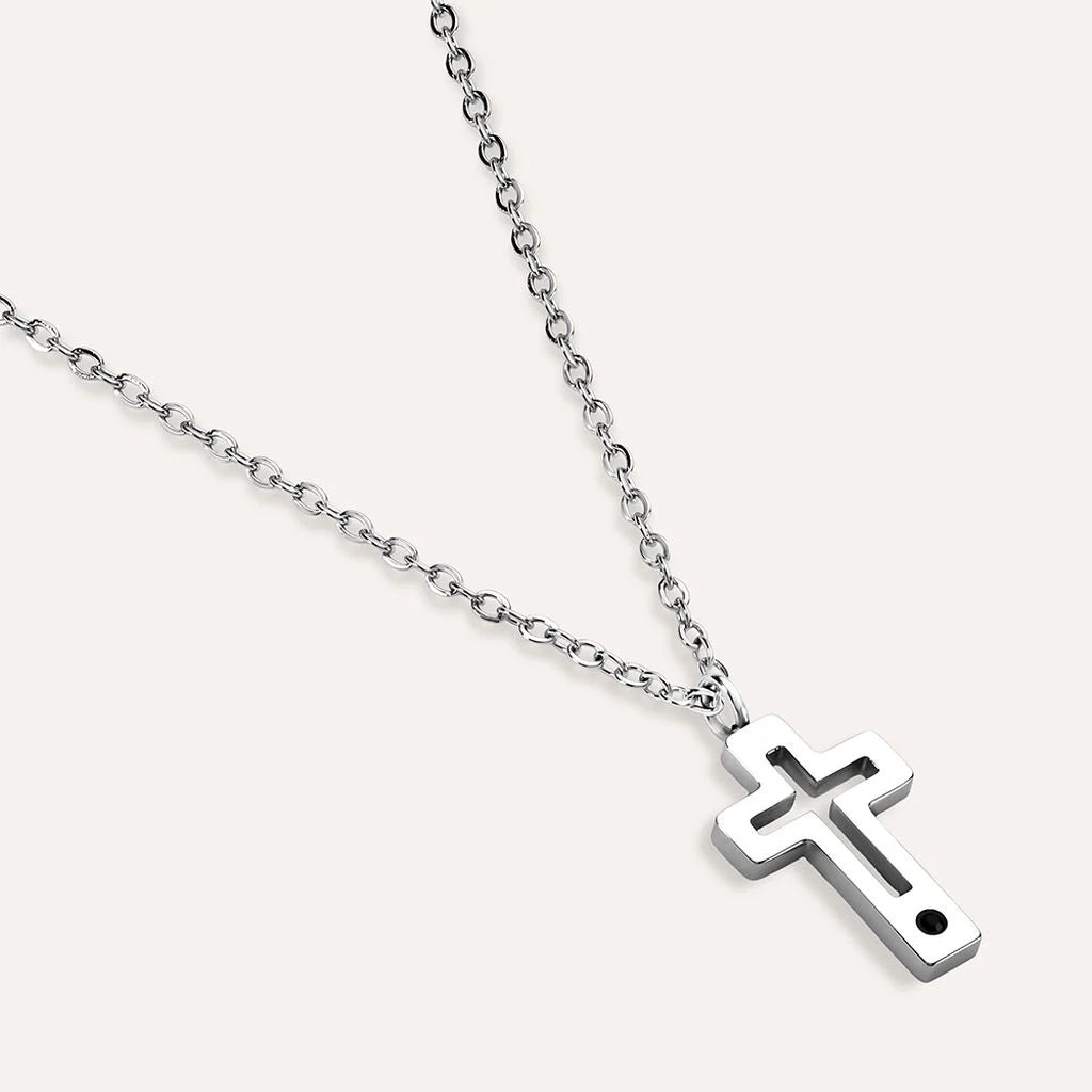 Collana Uomo Stroili Code Acciaio Con Pendente Croce Traforata Cristallo Nero