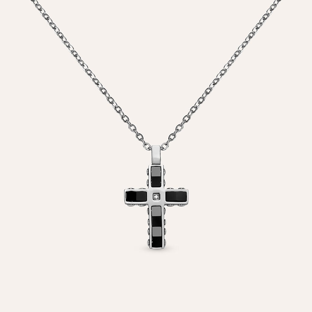 Collana Uomo Stroili Man Code Acciaio Pendente Croce Cristalli Neri