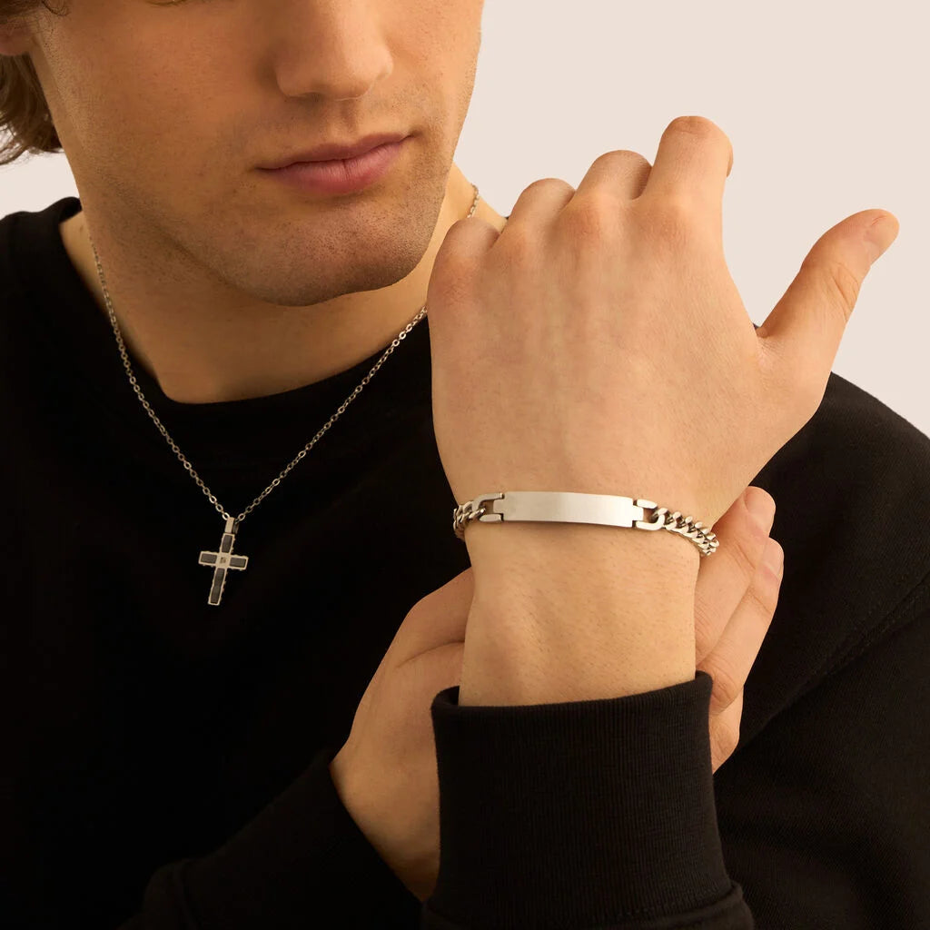 Bracciale Uomo Stroili Code Man Acciaio Maglia Grumetta Con Piastrina Centrale