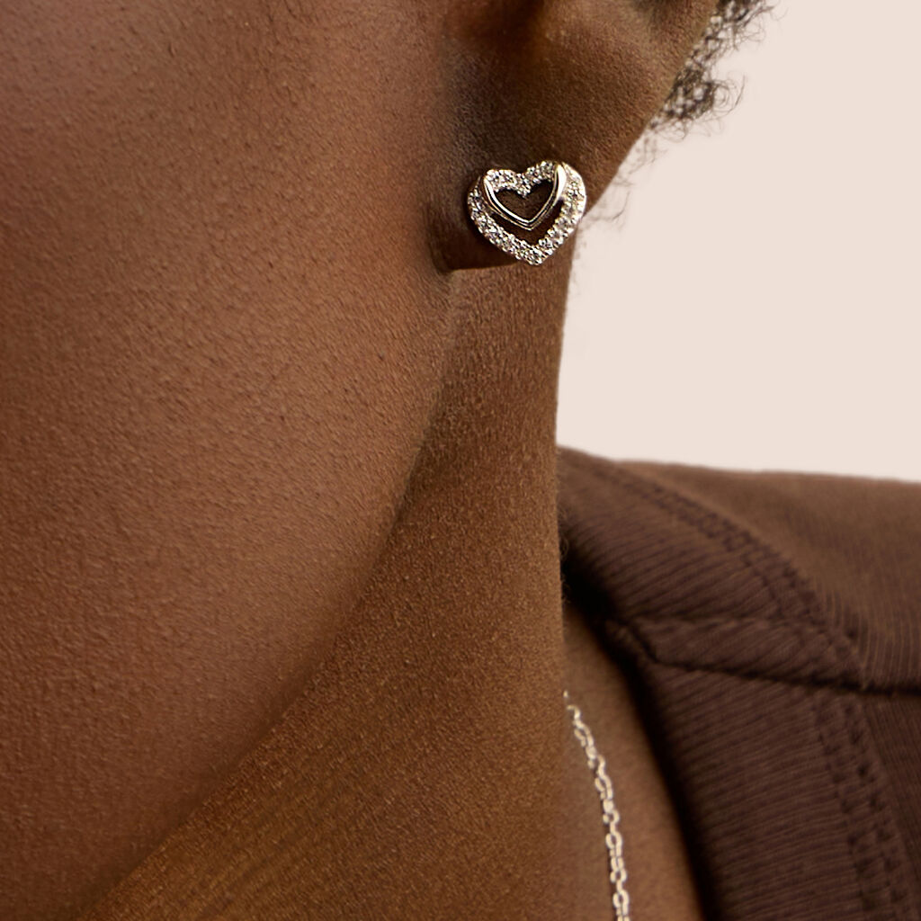 Orecchini Lobo Stroili Silver Moments Argento Cuore Doppio Pavè Di Zirconi