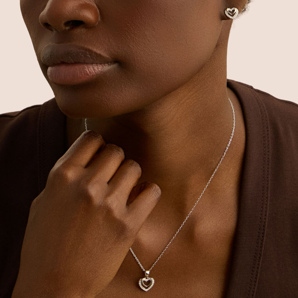 Orecchini Lobo Stroili Silver Moments Argento Cuore Doppio Pavè Di Zirconi