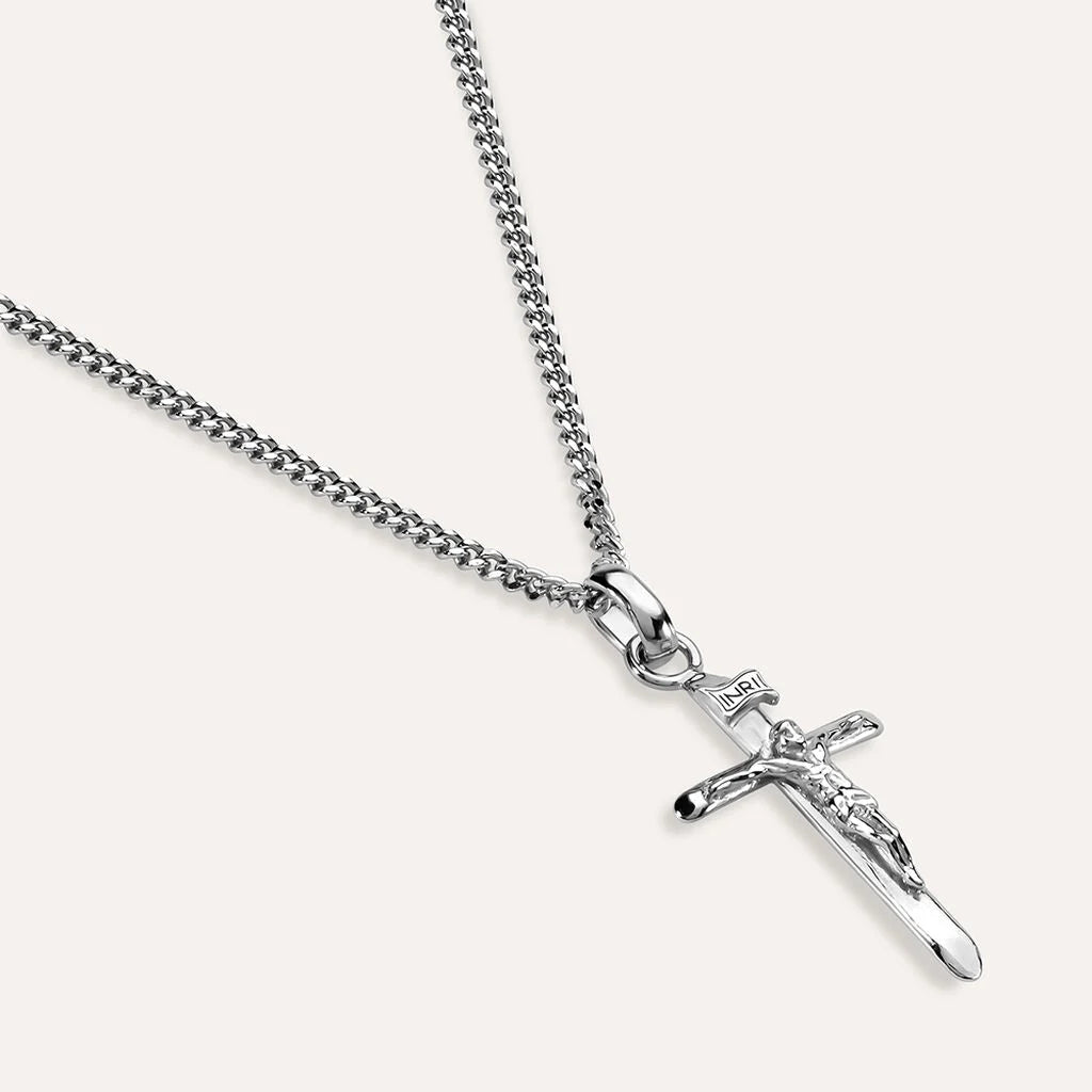 Collana Uomo Stroili Gentleman Argento Catena Maglia Rolo' Con Pendente Croce Inri