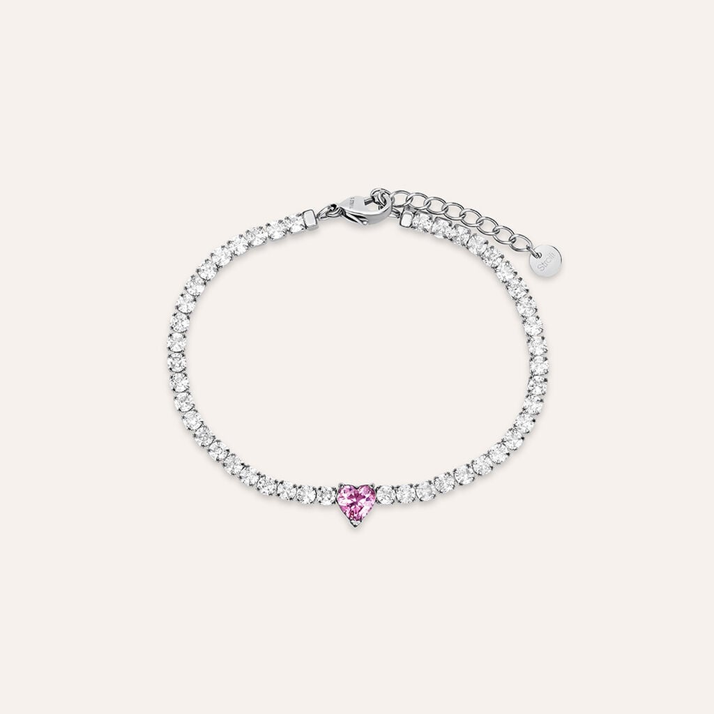 Bracciale Tennis Stroili Lady Chic Acciaio Cristalli Bianchi Centrale Cuore Rosa
