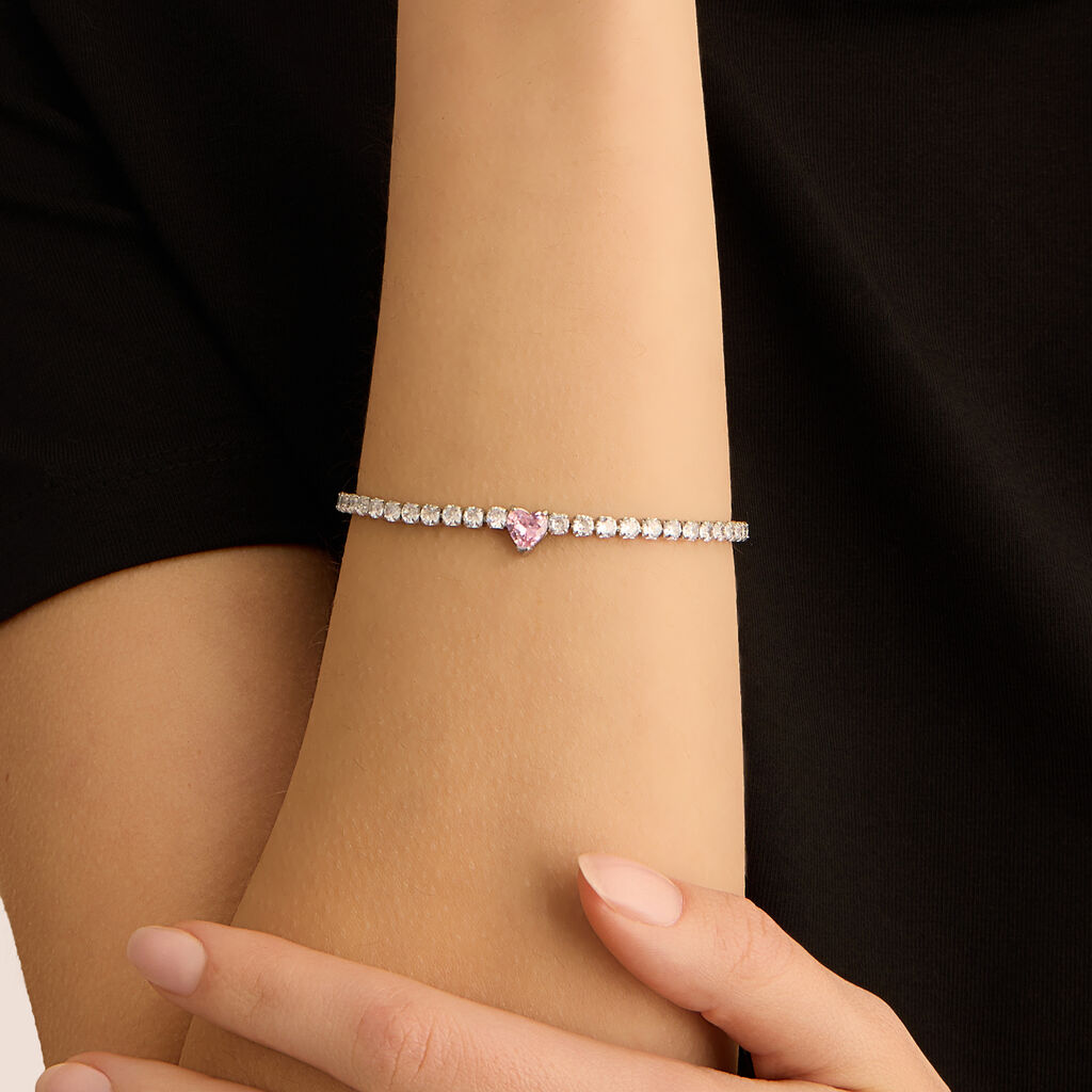 Bracciale Tennis Stroili Lady Chic Acciaio Cristalli Bianchi Centrale Cuore Rosa