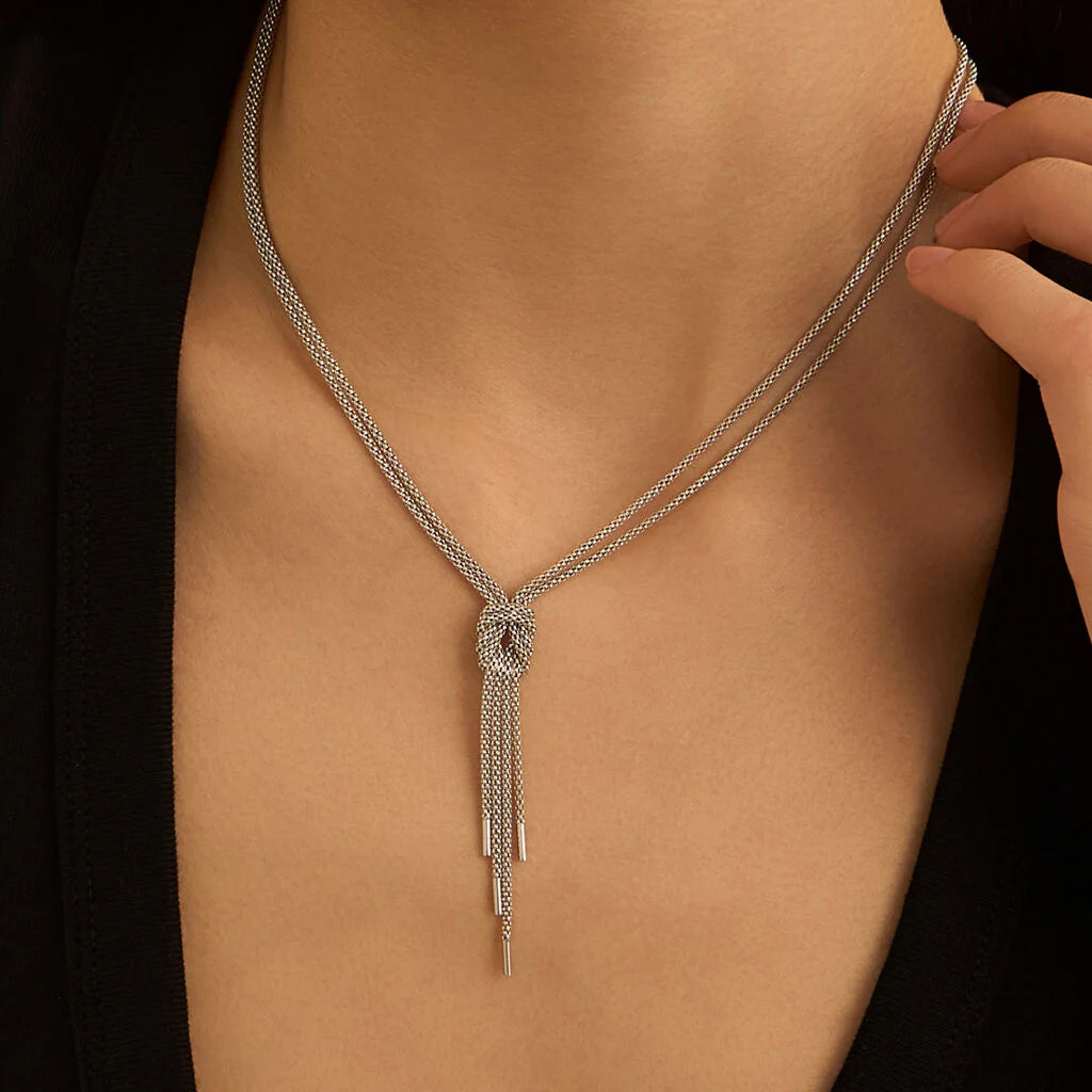 Collana A 2 Fili Stroili Silver Collection Argento Maglia Coreana Con Pendente Nodo Centrale