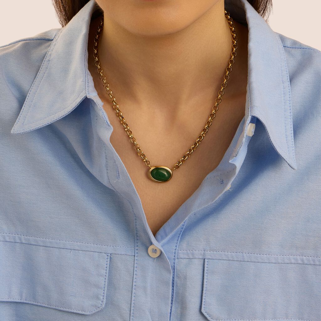 Collana Stroili Radiance Pvd Oro Maglia Rolò Centrale Cabochon Avventurina Verde