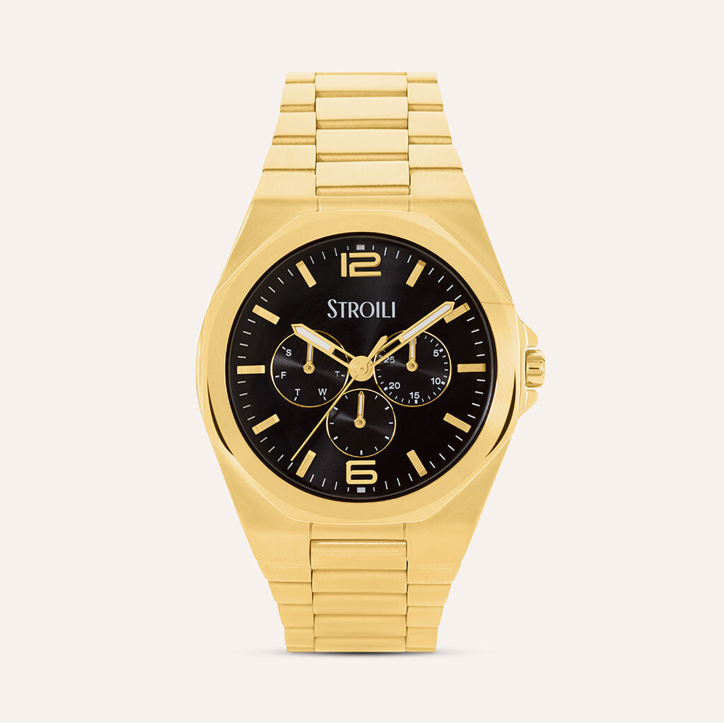 Orologio Stroili Kyoto Multifunzione 42 Mm Pvd Oro Braccialato Quadrante Nero