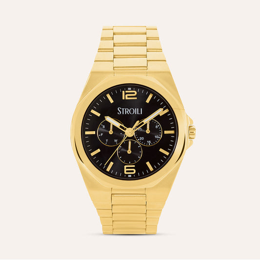 Orologio Stroili Kyoto Multifunzione 42 Mm Pvd Oro Braccialato Quadrante Nero