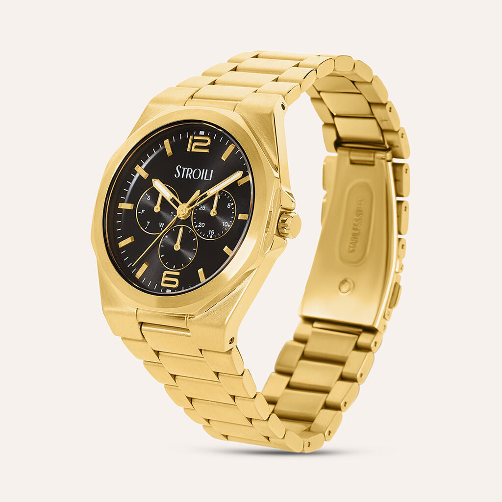 Orologio Stroili Kyoto Multifunzione 42 Mm Pvd Oro Braccialato Quadrante Nero