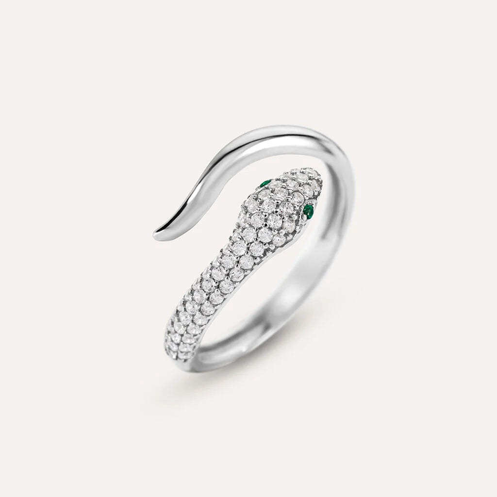 Anello Stroili Silver Shine Argento Fantasia Serpente Pavè Di Zirconi Bianchi e Verdi - Misura 14
