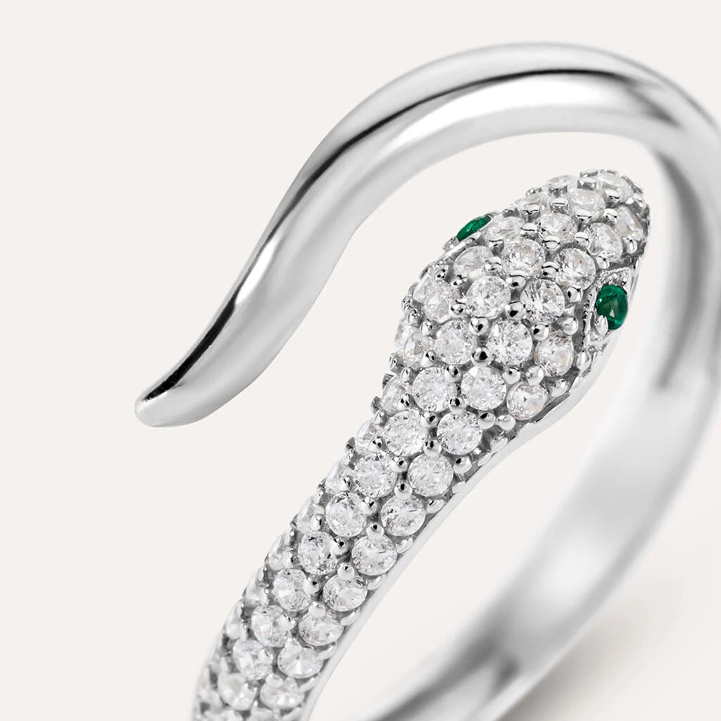 Anello Stroili Silver Shine Argento Fantasia Serpente Pavè Di Zirconi Bianchi e Verdi - Misura 14