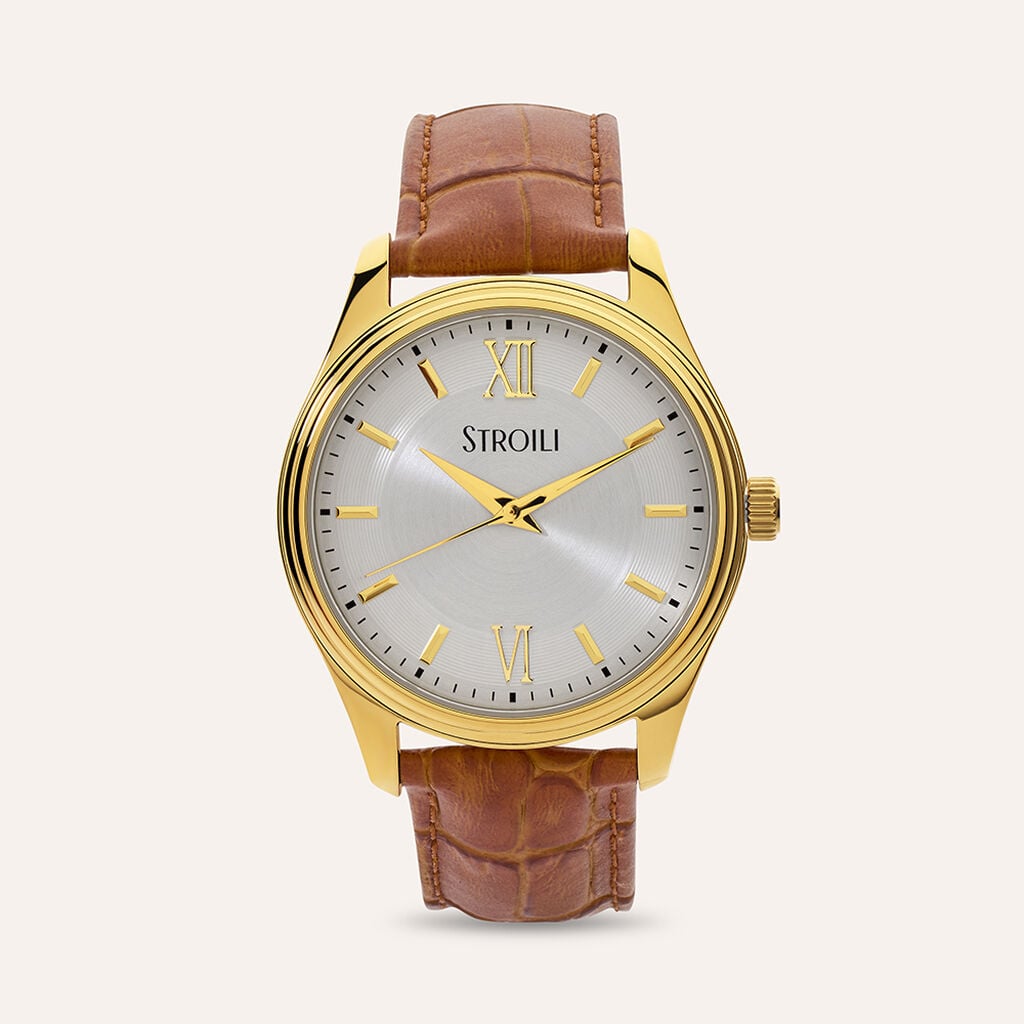 Orologio da Uomo Stroili Nizza 40 Mm Acciaio Pvd Oro Cinturino Pelle Marrone Effetto Coccodrillo