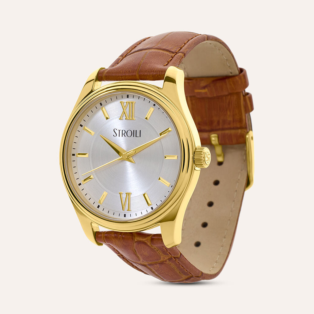 Orologio da Uomo Stroili Nizza 40 Mm Acciaio Pvd Oro Cinturino Pelle Marrone Effetto Coccodrillo