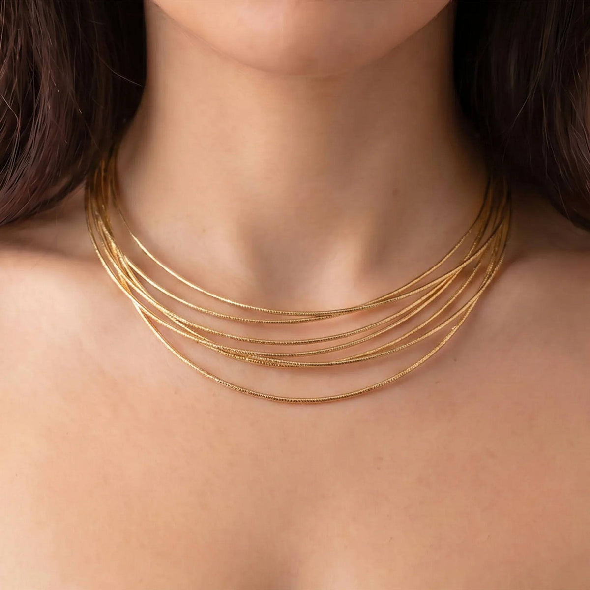 Collana Multifilo Etrusca Gioielli Lega Golden Placcata Oro Catene Tubogas,Regolabile
