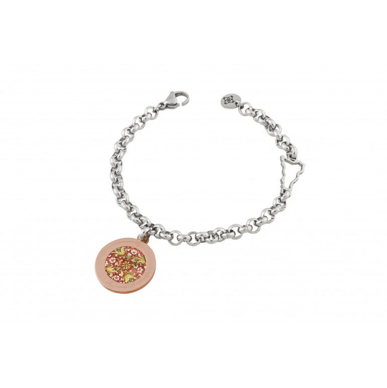 Bracciale Camurrìa Ciuri Acciaio Maglia Rolò con Sicilia Traforata e Medaglia Tonda Pvd Oro Rosa Stampa Maioliche