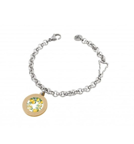 Bracciale Camurria I Lumia Acciaio Catena Maglia Rolò Con Sicilia Traforata Charm Medaglia Tonda Pvd Oro Stampa Limoni