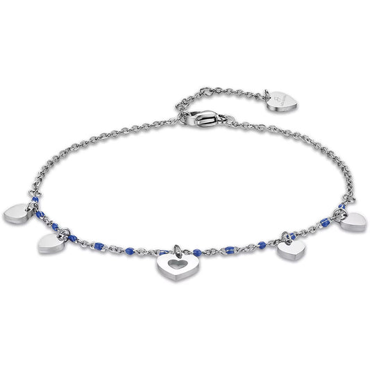 Cavigliera Luca Barra Acciaio Con Sferette Smaltate Blu E Charms Cuori + Cuore Centrale Traforato