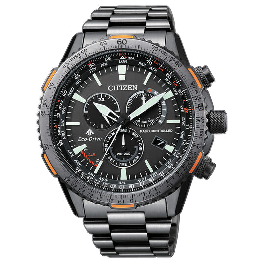 Orologio Citizen Radiocontrollato Crono Pilot E660 Sky Eco-Drive 45 mm Pvd Nero Braccialato