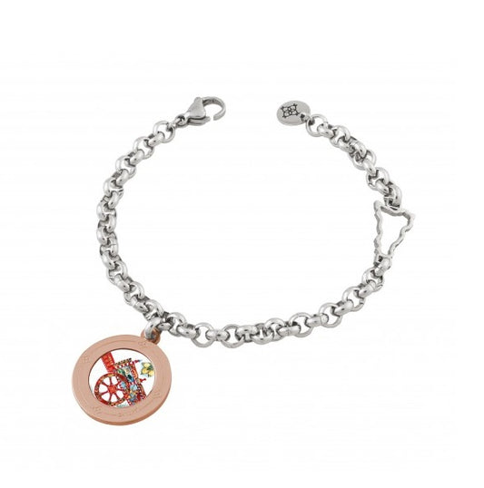 Bracciale Camurria U Carrettu Acciaio Catena Maglia Rolò Con Sicilia Traforata Charm Medaglia Tonda Pvd Oro Rosa con Stampa