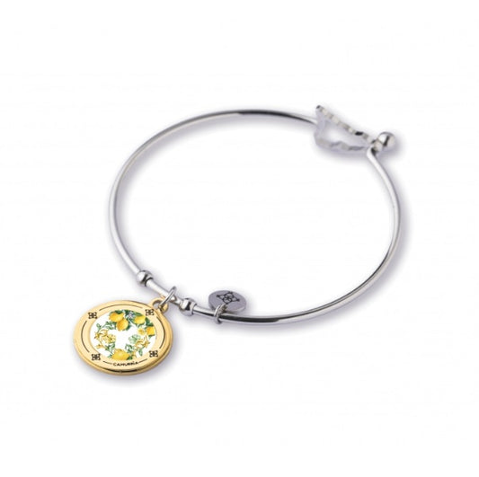 Bracciale Rigido Camurria I Sapuri Acciaio Charm Tondo Pvd Oro Stampa Siciliana Chiusura Sicilia
