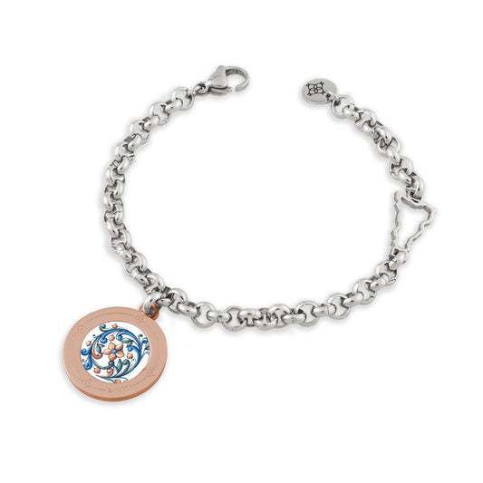 Bracciale Camurria A Maiolica Acciaio Catena Maglia Rolò Con Sicilia Traforata Charm Medaglia Tonda Pvd Oro Rosa Stampa Maiolica