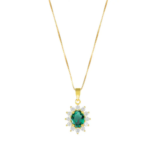 Collana Amen Lady Argento Dorato Maglia Veneziana Pendente Zircone Verde Contornato