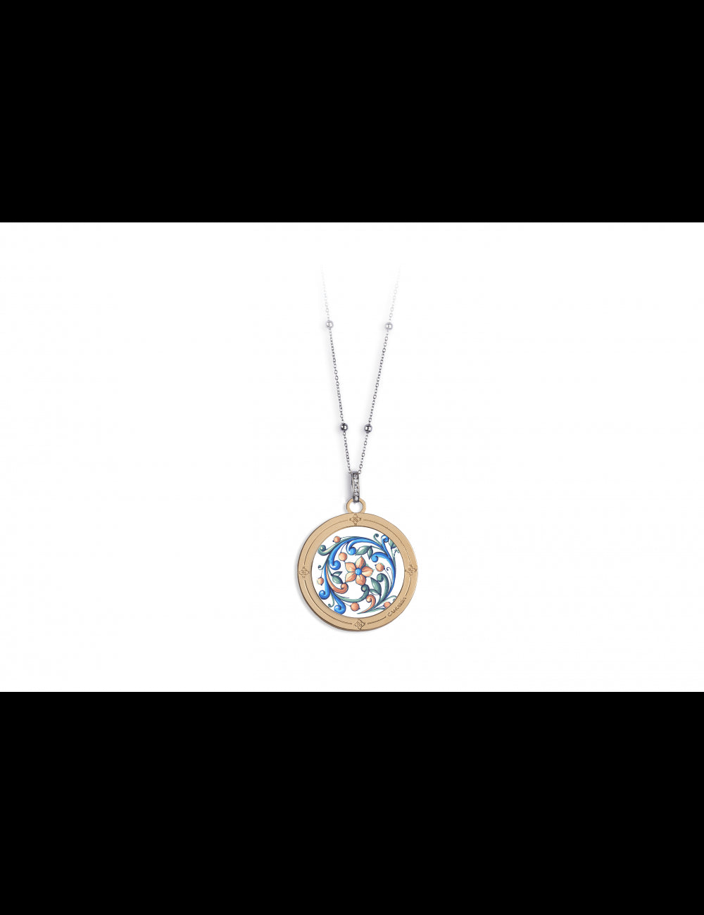 Collana Camurrìa A Maiolica Collana Lunga Con Pendente Tondo Pvd Oro Rosa Stampa Maioliche